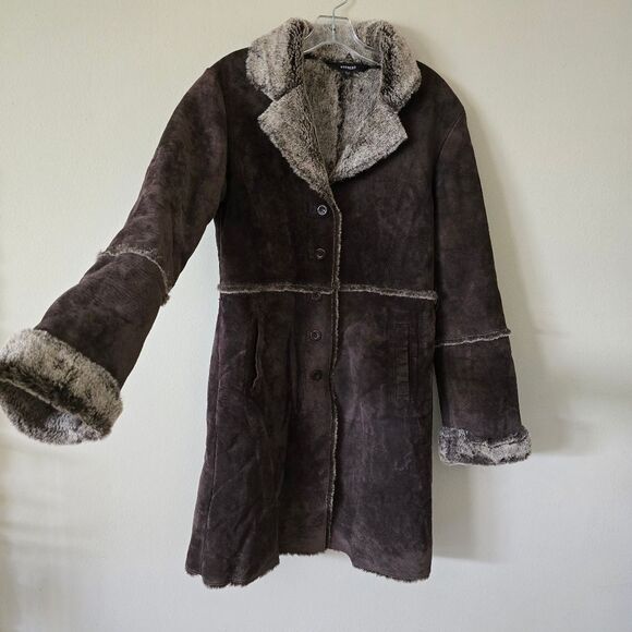 Express Leather Patchwork Faux Sherpa lined Penny Lane long coat Size M Y2K Vtg - Picture 4 of 9